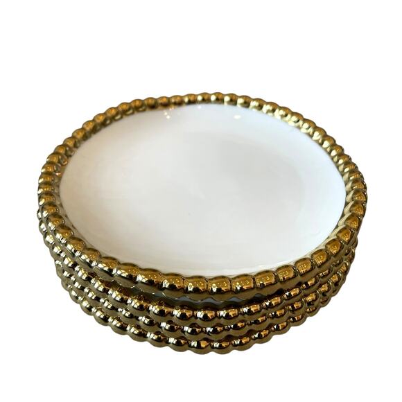 Baroque Ceramic Appetizer Plates 6in Gold Beaded Trim Set of 4 White New - Picture 8 of 11